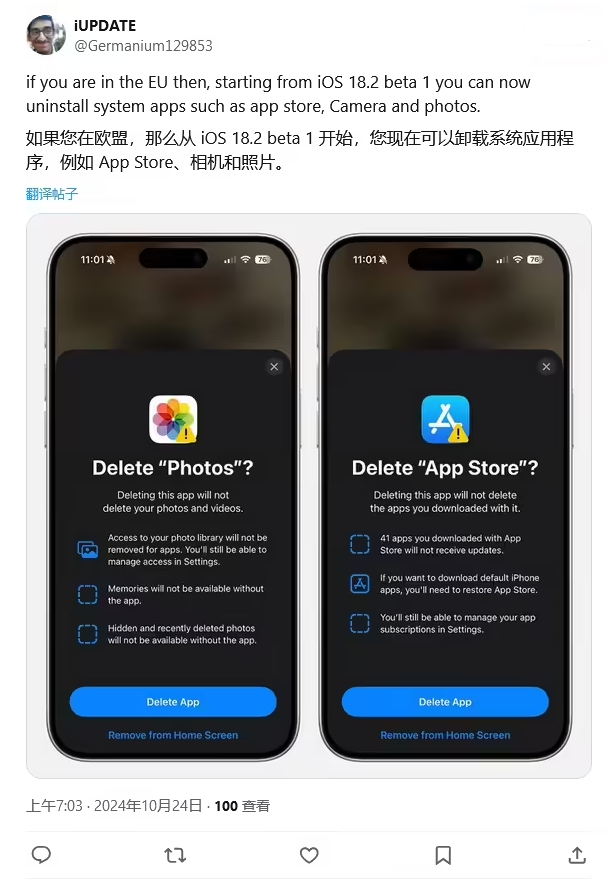 任城苹果手机维修分享iOS 18.2 支持删除 App Store 应用商店 