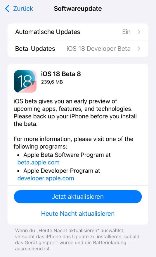 任城苹果手机维修分享苹果 iOS / iPadOS 18 开发者预览版 Beta 8 发布 